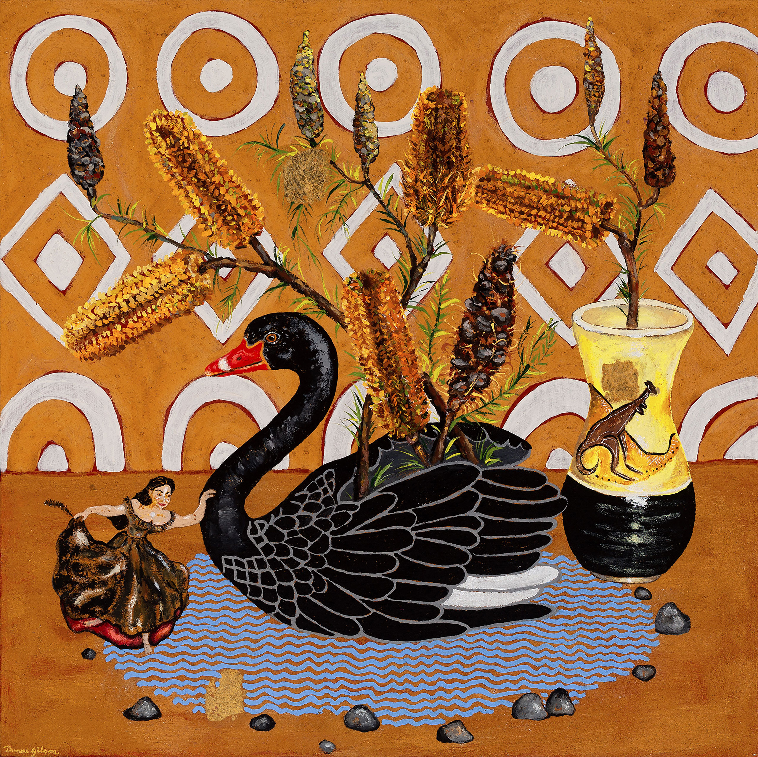 Deanne Gilson, Kunuwarra Ngarrimili (Me, Dancing the Black Swan Dance at Murrup Laarr, our stone circle gathering place), 2022, yellow and red ochre, charcoal and acrylic on linen, 65 x 65cm. Photo by Andrew Wilson. Art Gallery of Ballarat.
